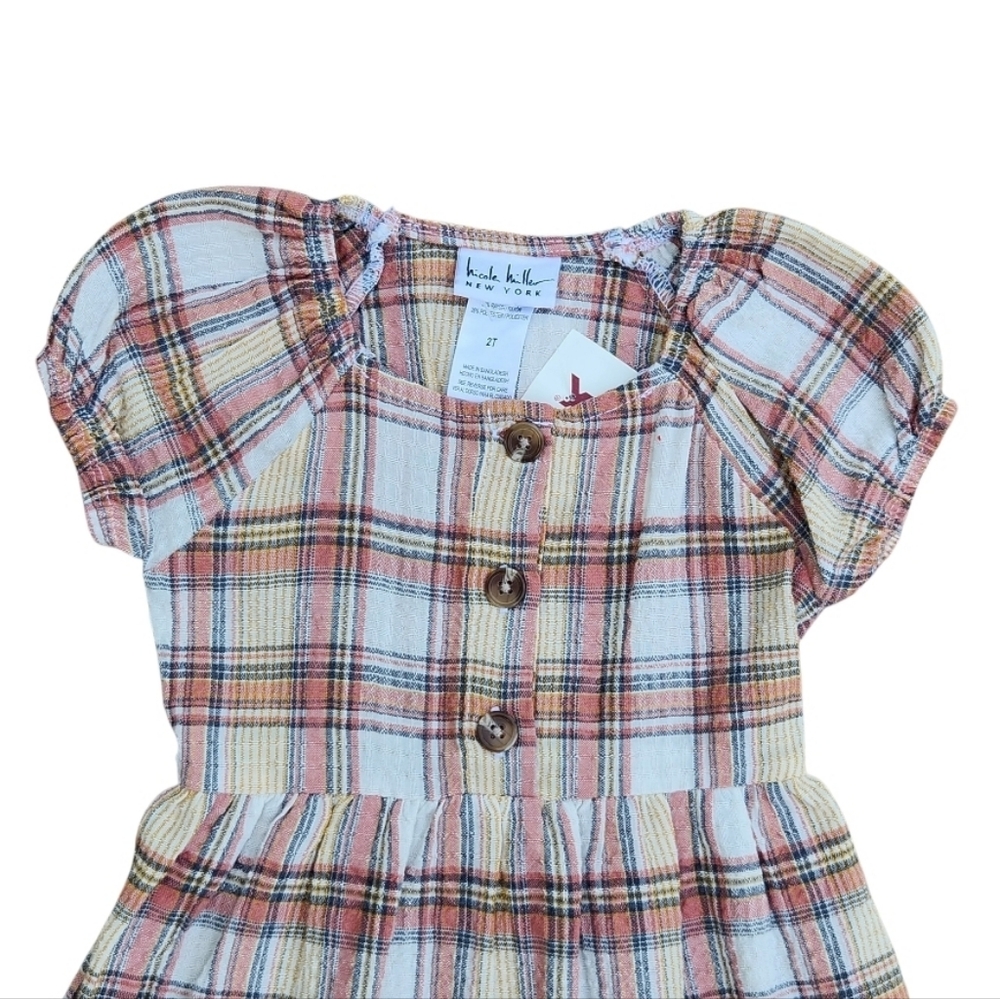 Nicole Miller Girls Woven Plaid Dress Short Sleeve Half Button Down Size 2T - Picture 2 of 12
